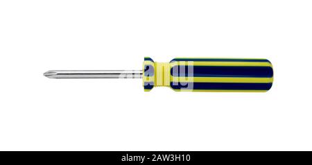 Screwdriver. Screw driver isolated on white background. Screw-driver with blue and yellow handle. Stock Photo