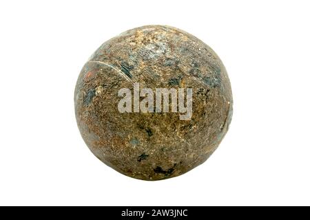 An old rusted Iron Ball isolated on white background. Stock Photo