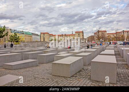 Berlin, Germany - October 28, 2013: Holocaust Memorial in the center of Berlin. It remembers the Jewish victims of the Holocaust. Stock Photo