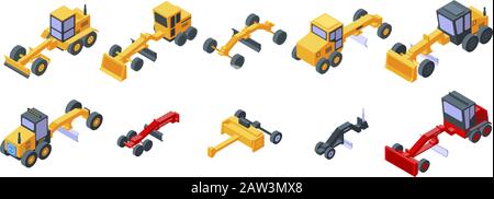 Grader machine icons set, isometric style Stock Vector