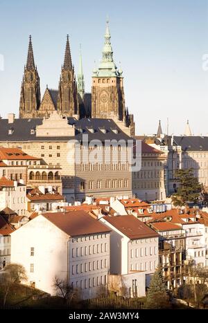 View of Prague castle from the Petrin hill. In the frame most dominant feature is the cathedral of Saint Vitus. Stock Photo