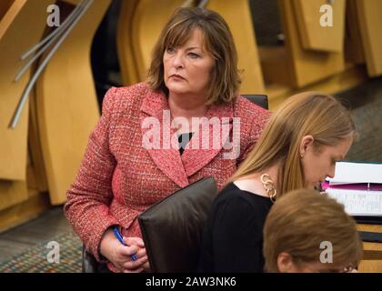 Edinburgh, UK. 6th Feb, 2020. Pictured: Fiona Hyslop MSP Ministerial Statement: Scottish Budget for 2020-21. Scenes from the Scottish Parliament on the day that Finance Minister Derek Mackay was due to unveil his budget, Kate Forbes MSP - Minister for Public Finance and Digital Economy, delivers the budget this afternoon in the chamber. Credit: Colin Fisher/Alamy Live News Stock Photo