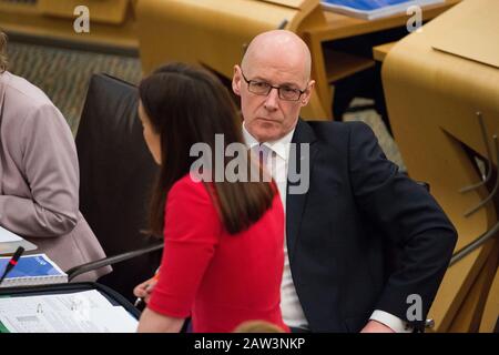Edinburgh, UK. 6th Feb, 2020. Pictured: John Swinney MSP - Depute First Minister of Scotland and Cabinet Minister for Education. Ministerial Statement: Scottish Budget for 2020-21. Scenes from the Scottish Parliament on the day that Finance Minister Derek Mackay was due to unveil his budget, Kate Forbes MSP - Minister for Public Finance and Digital Economy, delivers the budget this afternoon in the chamber. Credit: Colin Fisher/Alamy Live News Stock Photo
