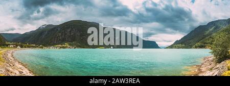 Bargarden Nature Reserve, Norway. Beautiful Fjord, Lake In Summer Day. Norwegian Nature. Panorama, Panoramic View. Stock Photo