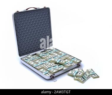 Briefcase open, full of USD banknotes. Wads of 100 $. 3D illustration on white background. Stock Photo