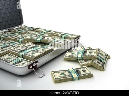 Briefcase open, full of Wads of 100 $ banknotes. Close-up. 3D illustration on white background. Stock Photo