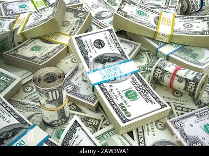 Money. Mixed wads of USD banknotes and gold dollar sign. Close-up View ...