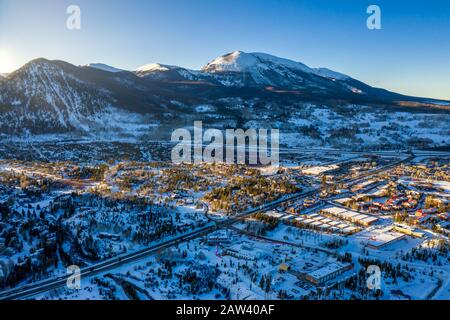 Aerial view winter wonderland sunset in Frisco Colorado Stock Photo