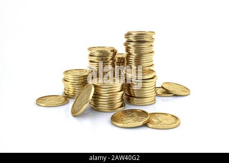 Money. stacks of US dollar gold coins. 3D illustration on white ...