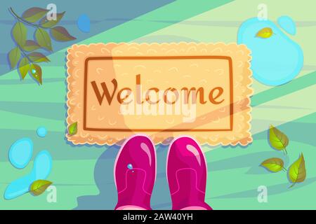 Welcome doormat with green leaves and rubber boots. Hello Spring season background. Horizontal concept of Greeting card and invitation banner. Color flat visit illustration. Guest design vector poster. Stock Vector