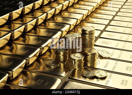 Ingots gold bars stacked aligned with some stacks of gold dollar coins. 3D illustration on white background. Stock Photo