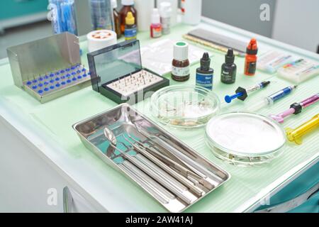 Close-up Dental Instruments. Against the background of the dental clinic Stock Photo