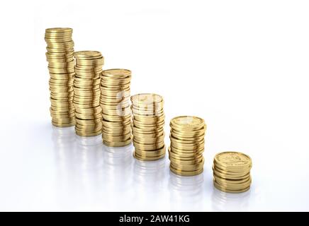 Money. Gold dollar coins stacked aligned as a stair. 3D illustration on white background.