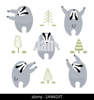 set of cute badgers vector illustration set Stock Vector