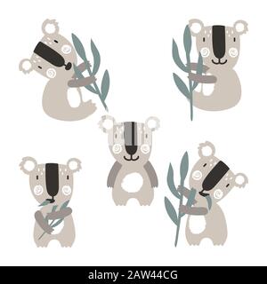 Set of koalas with eucalyptus branch vector illustration Stock Vector