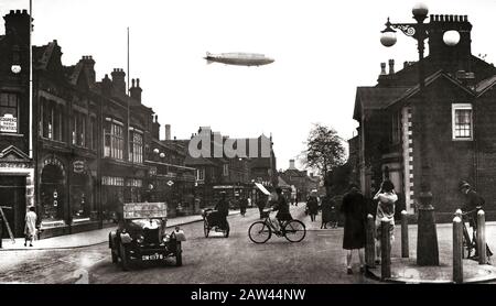 The R.101 which measures 777 feet, flying over Bedford town centre in October 1929 while on a test flight out of RAF Cardington Airfield in Bedfordshire, England, with a long and varied history, particularly in relation to airships and balloons. Stock Photo