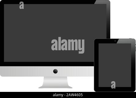 Tablet and desktop computer with black screen on a white background. Stock Vector