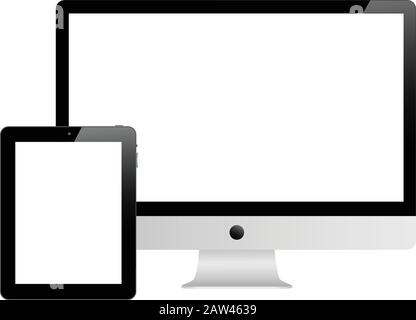 Tablet and desktop computer with white screen on a white background. Stock Vector