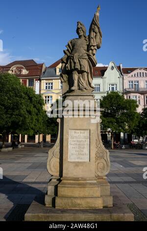 CZECH REPUBLIC, OSTRAVA- 06 June 2019: the statue of Saint Florian, (a baroque work) patron of firemen and chimney sweeps. Ostrava's central market Stock Photo