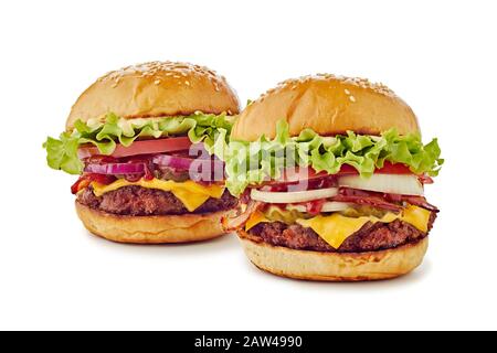 Two big hamburgers on white Stock Photo