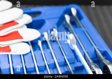 Car repair tools, wrench tool set on a black texture background Stock Photo