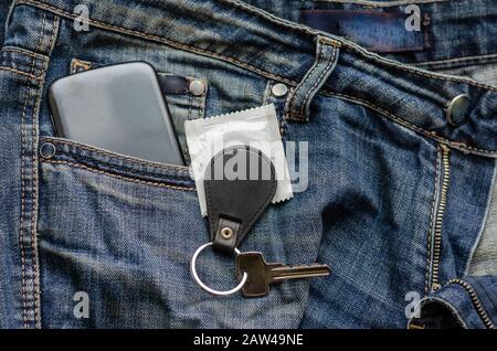 Key with a key chain, a phone and a 