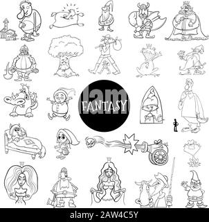 Black and White Cartoon Illustration of Fantasy or Fairy Tale Characters Large Set Coloring Book Page Stock Vector