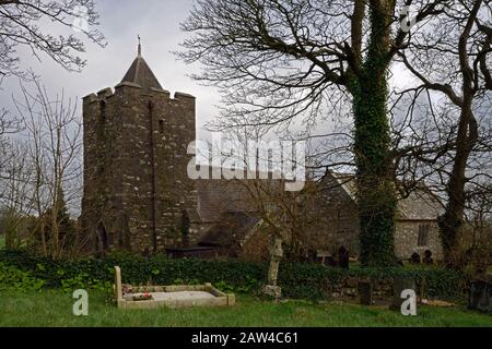 St Mary's Church, Llanfair-yng-Nghornwy, is a medieval church in Anglesey. It dates back to the 11th century and is now a Grade I listed building. Stock Photo