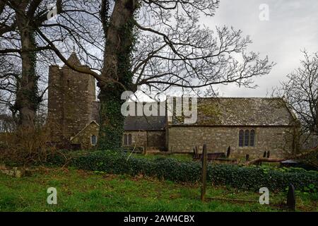 St Mary's Church, Llanfair-yng-Nghornwy, is a medieval church in Anglesey. It dates back to the 11th century and is now a Grade I listed building. Stock Photo