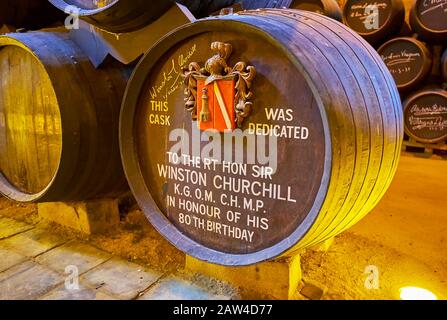JEREZ, SPAIN - SEPTEMBER 20, 2019: The cask with emblem, dedication and signature of Winston Churchill in King's Winery (Bodega Los Reyes) of Bodegas Stock Photo