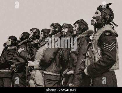 A group of RAF pilots displaying the cosmopolitan nature of volunteer  recruits during the Second World War. This squadron group hail from The USA, Canada, India, Czechoslovakia, Poland and the British Isles. Stock Photo