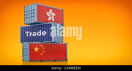 Freight container with Hong Kong and China flag. 3D Rendering Stock Photo