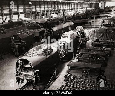 A  production line with a few of the 6,500 Avro Lancasters heavy bombers, The 'Lanc', as it was known colloquially, became one of the most heavily used of the Second World War night bombers. Stock Photo