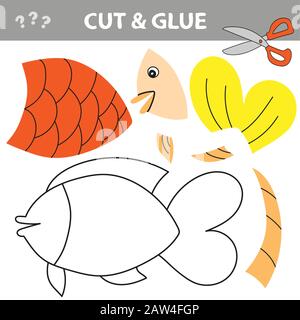 Use scissors and glue and restore the picture inside the contour. Paper game for kids. Simple kid application with Gold Fish Stock Vector