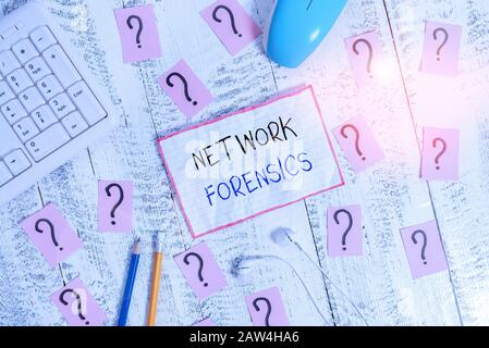 Handwriting text Network Forensics. Conceptual photo monitoring and analysis of computer network traffic Writing tools, computer stuff and math book s Stock Photo