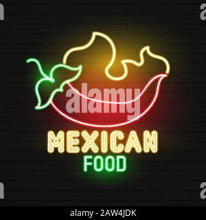 Neon Sign On Mexican Food, Tacos, Street Food, Fast Food, Snack. Bright Neon Billboards, Shining Nightly Ads Of Tacos, Mexican Food, Cafes, Restaurant Stock Vector