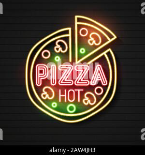 Neon Sign For A Pizzeria On A Brick Background For Cafes, Restaurants, Eateries. Stock Vector