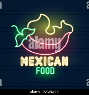 Neon Sign On Mexican Food, Tacos, Street Food, Fast Food, Snack. Bright Neon Billboards, Shining Nightly Ads Of Tacos, Mexican Food, Cafes, Restaurant Stock Vector