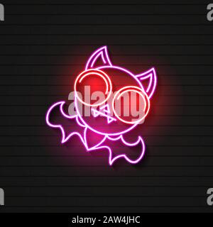 Happy Halloween. Bat Silhouette Red Bright House Neon Light Glowing Vector Illustration Stock Vector