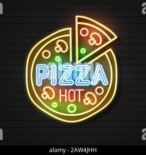 Neon Sign For A Pizzeria On A Brick Background For Cafes, Restaurants, Eateries. Stock Vector