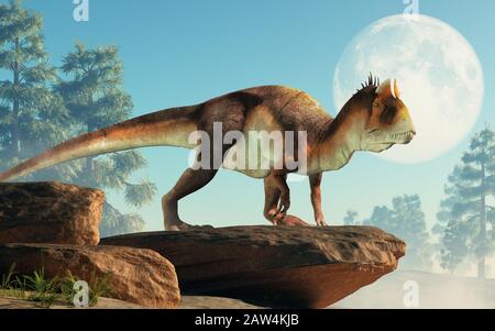 Cryolophosaurus was a carnivorous theropod dinosaur, known for its distinctive crest, it lived during the Jurassic in Antarctica. Depicted on a cliff Stock Photo