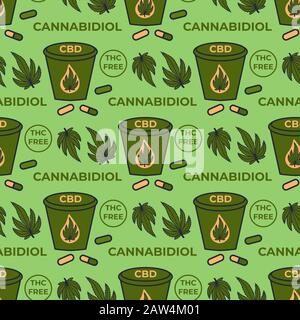 CBD Hemp seamless pattern. Hand drawn Illustration medical pills signs. Stock Vector design surface design Stock Vector