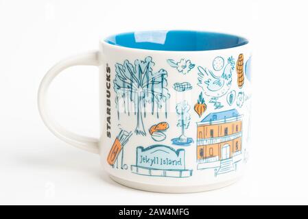 Vidalia, Georgia / USA - September 27, 2019: A product shot of a Starbucks mug with iconic Georgia-inspired illustrative designs. Stock Photo