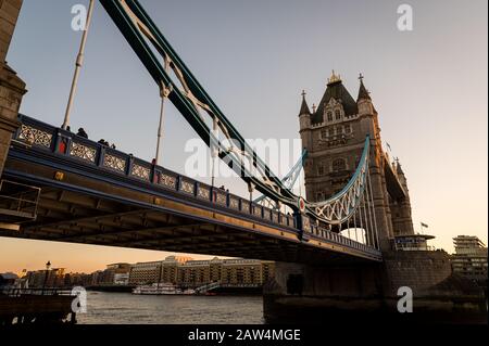 Tower Bridge at sunset in London, UK