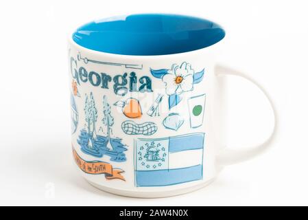 Vidalia, Georgia / USA - September 27, 2019: A product shot of a Starbucks mug with iconic Georgia-inspired illustrative designs. Stock Photo