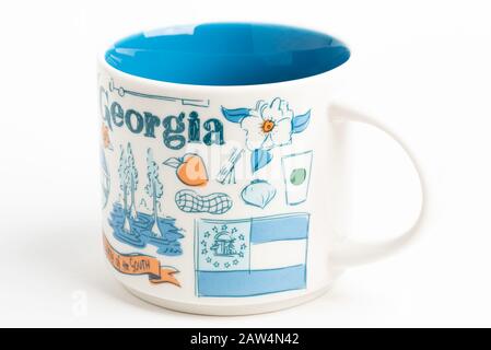 Vidalia, Georgia / USA - September 27, 2019: A product shot of a Starbucks mug with iconic Georgia-inspired illustrative designs. Stock Photo