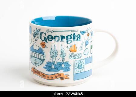 Vidalia, Georgia / USA - September 27, 2019: A product shot of a Starbucks mug with iconic Georgia-inspired illustrative designs. Stock Photo