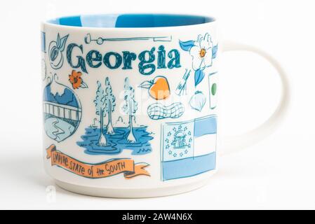 Vidalia, Georgia / USA - September 27, 2019: A product shot of a Starbucks mug with iconic Georgia-inspired illustrative designs. Stock Photo