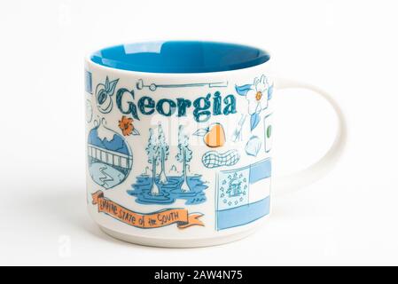 Vidalia, Georgia / USA - September 27, 2019: A product shot of a Starbucks mug with iconic Georgia-inspired illustrative designs. Stock Photo