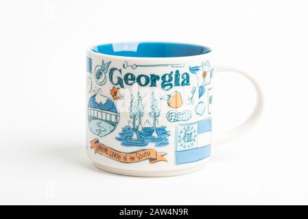 Vidalia, Georgia / USA - September 27, 2019: A product shot of a Starbucks mug with iconic Georgia-inspired illustrative designs. Stock Photo